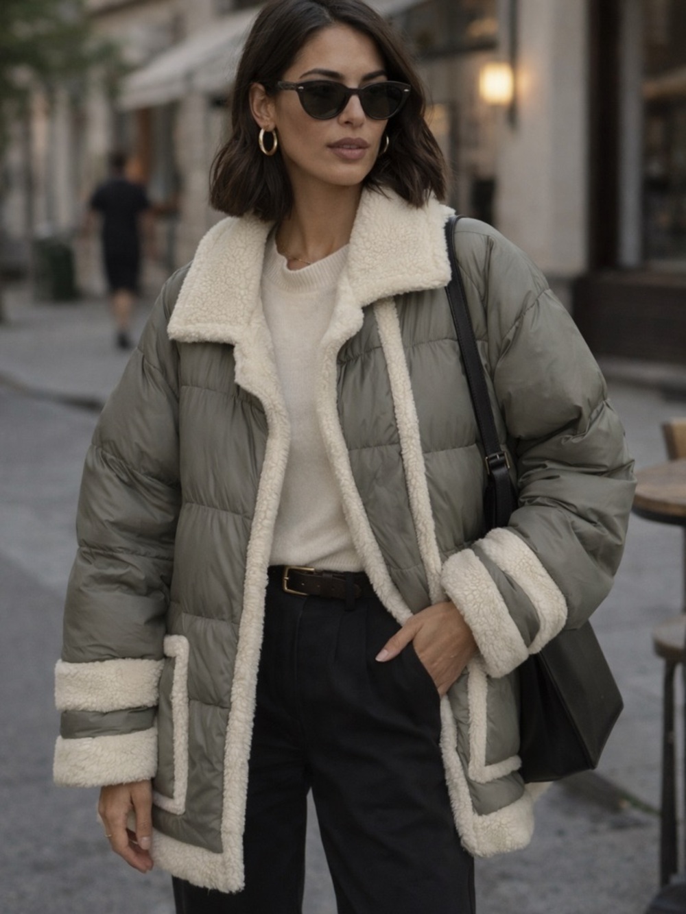 Womens Sage Puffer Jacket with Cream Sherpa Trim